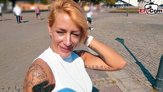 German blonde tattoo fitness slut picked up overhead lane