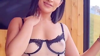 Gorgeous brunette with hot botheration & simple tits wearing lingerie